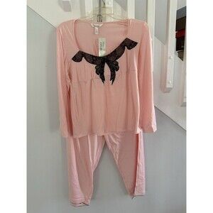 Intima Bella Donna Long Sleeve Soft Pink Black Lace Trim Pajama Set Medium  NWT